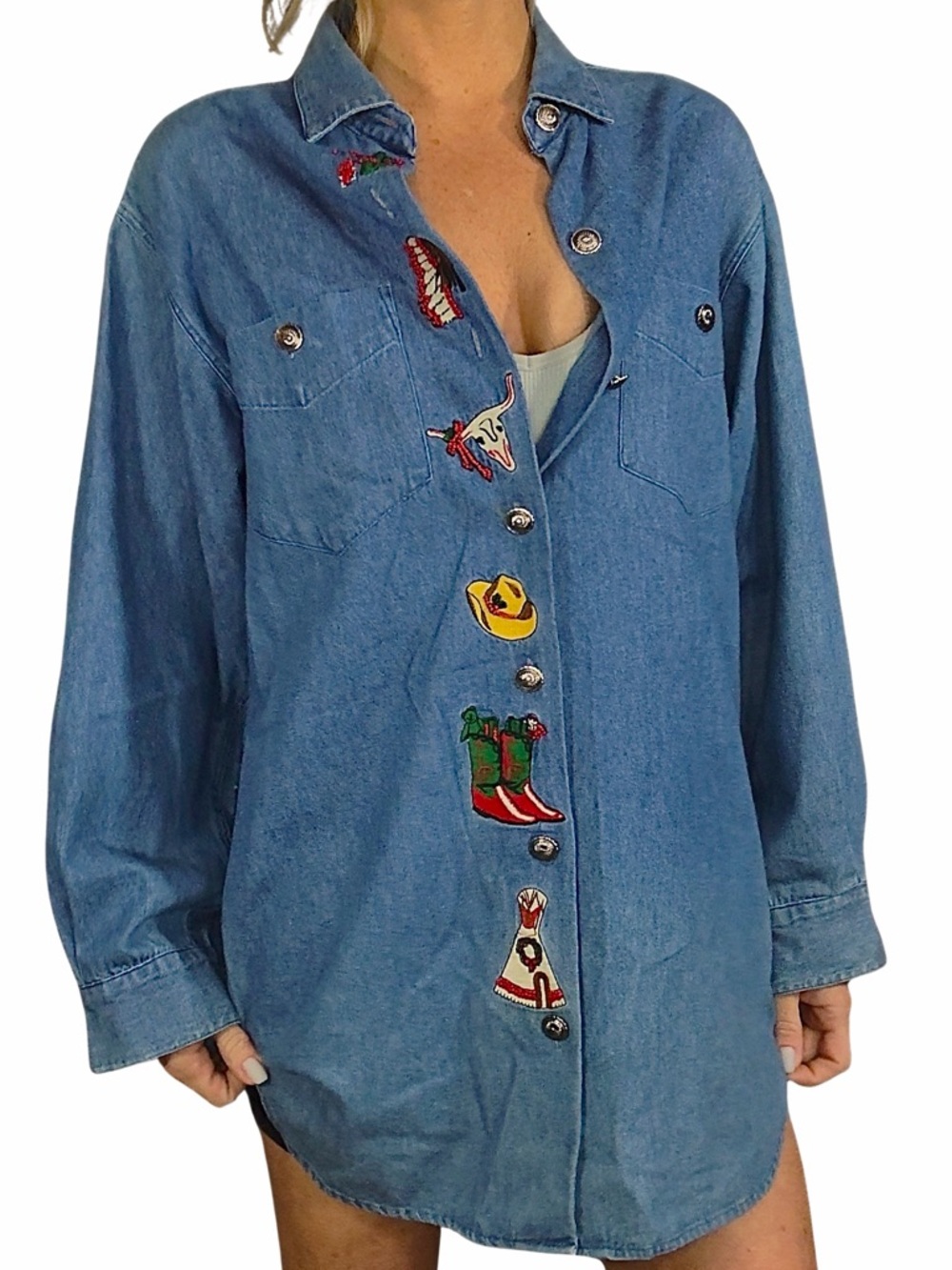 CAMBRIDGE DRY GOODS Vintage 1990s Embroidered Button-Down Western Denim Shirt